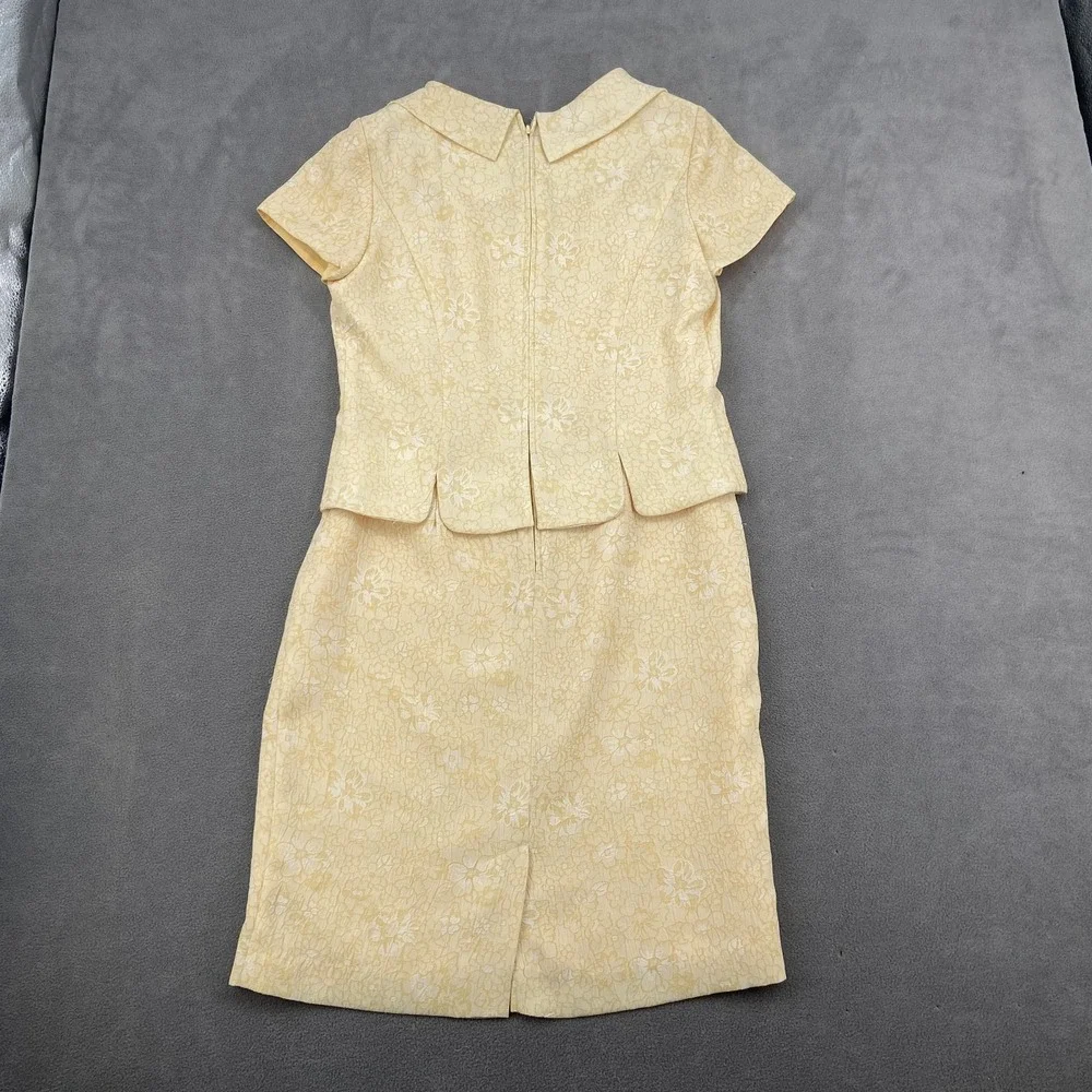 Julian Taylor Sheath Dress Womens 10 Pastel Yellow Floral Jacquard Peplum Retro - Picture 7 of 8